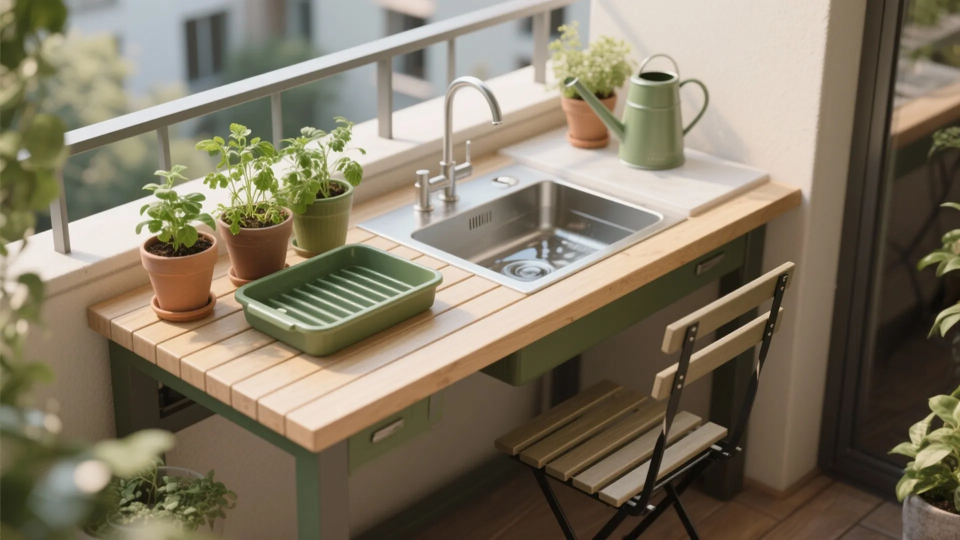 5. Compact Balcony Potting Table with Built-in Tray