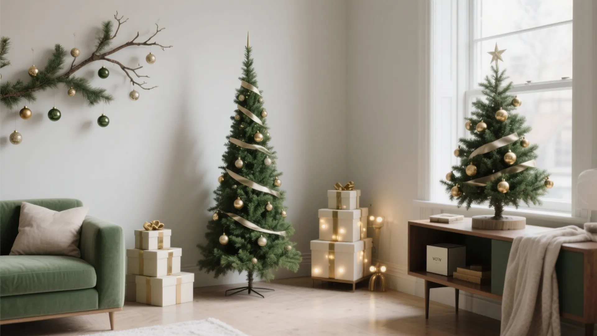 Three compact tree alternatives: pencil tree, wall-mounted branch display, and stacked illuminated gift boxes in a small living room.