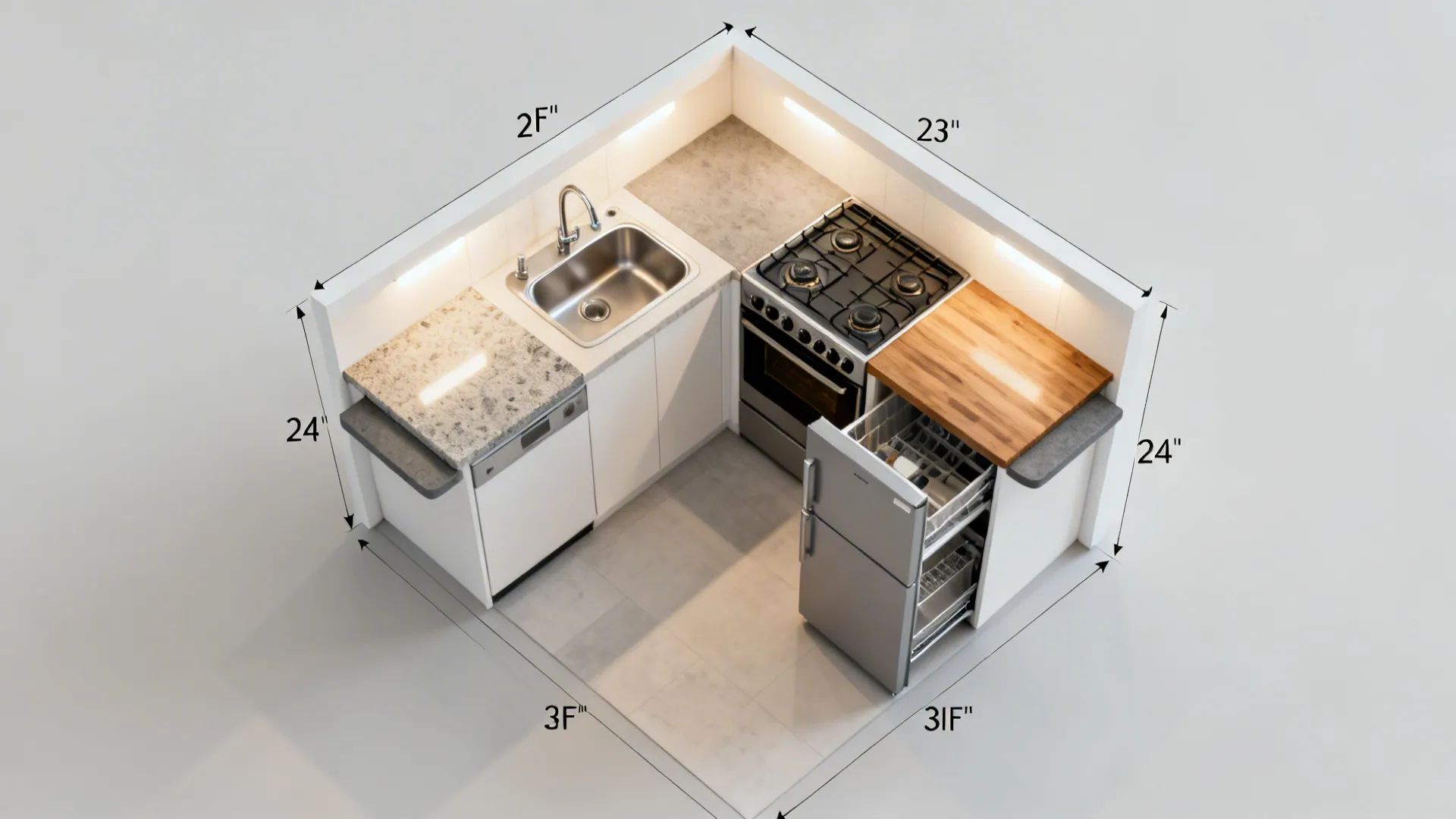 Top-down compact kitchen plan showing a tightened work triangle with clear landing zones.