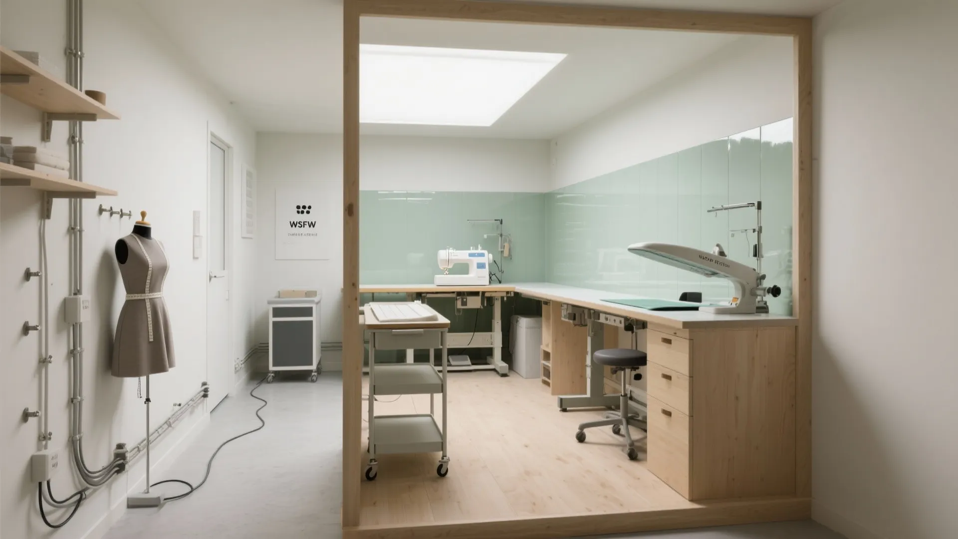 3) Compact Sewing Triangle: Machine, Cutting, Pressing