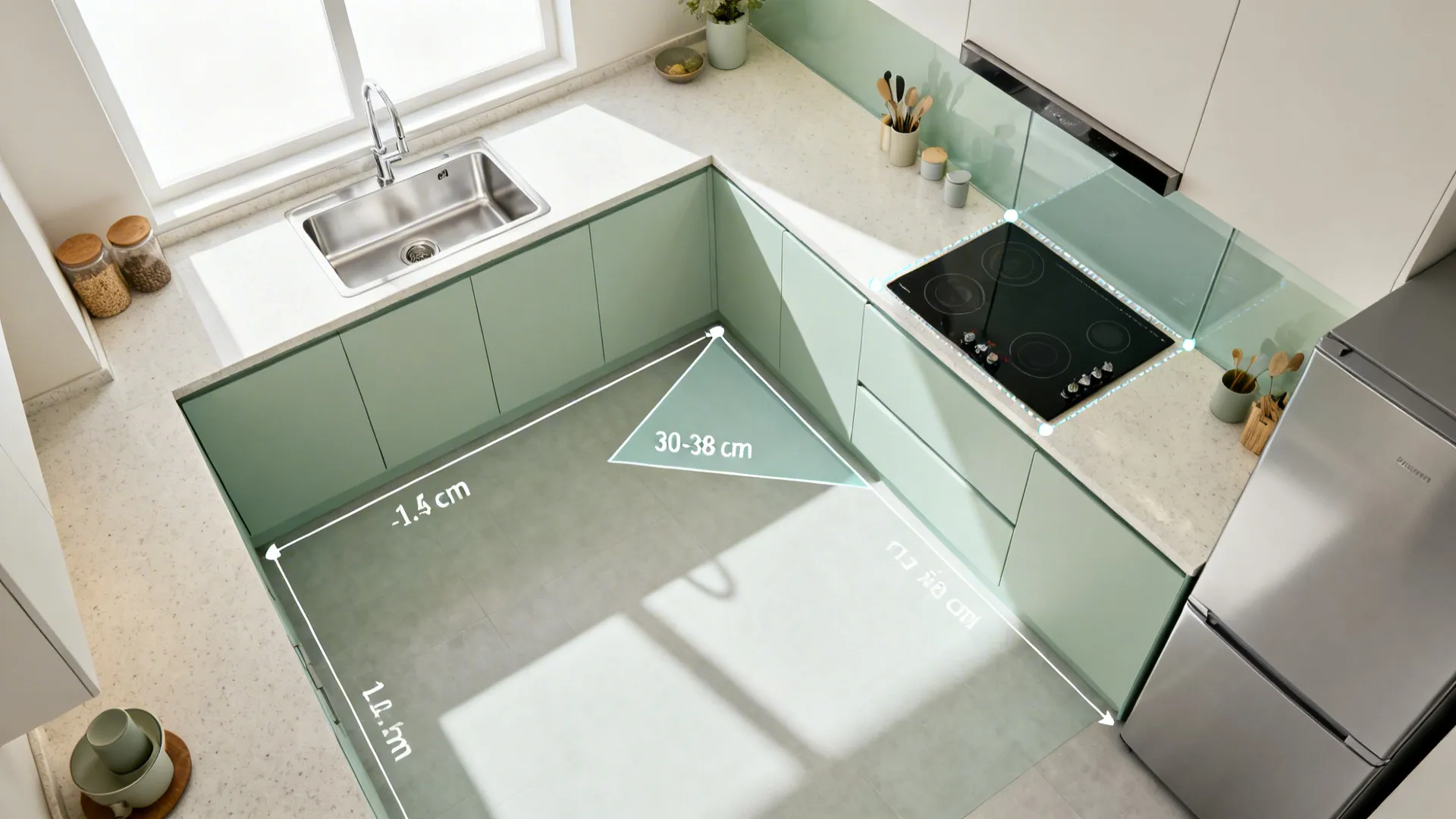 Top-down view of an L-shaped kitchen highlighting sink, hob, and fridge forming an efficient work triangle.