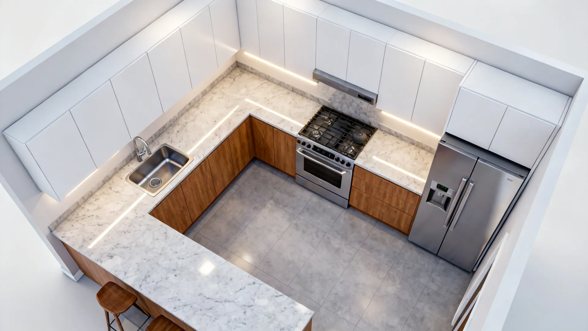 Aerial view of u-shaped kitchen with white cabinets wood lower cabinets marble countertop and stove