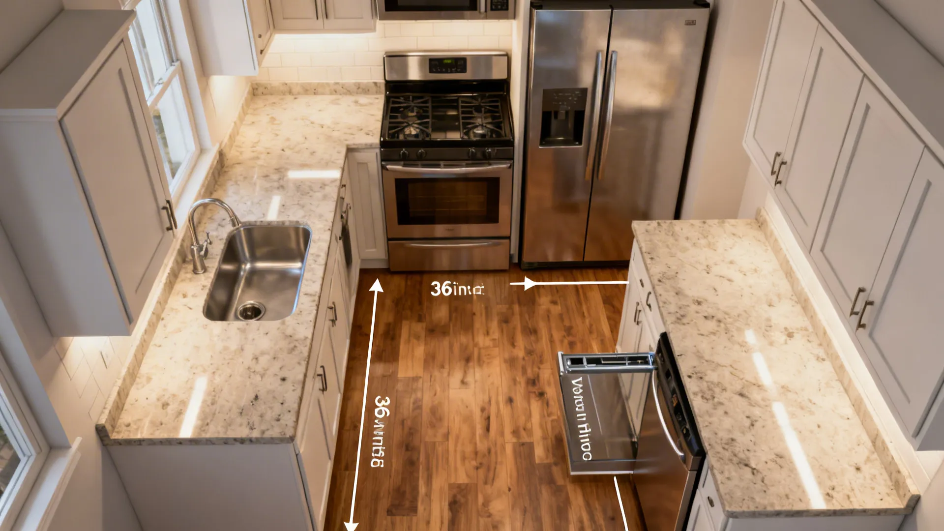 Top-down compact kitchen plan with efficient sink, cooktop, and fridge triangle and 36-inch aisle.