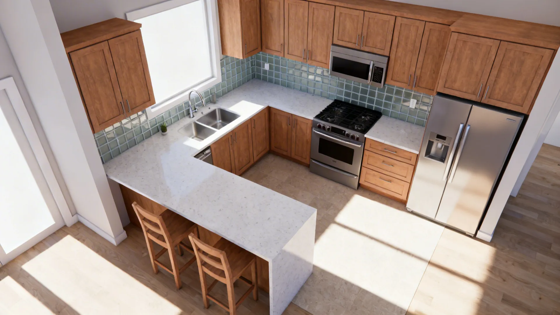 Top-down view of a compact kitchen with a tight sink-range-fridge triangle and a 36-inch prep zone.