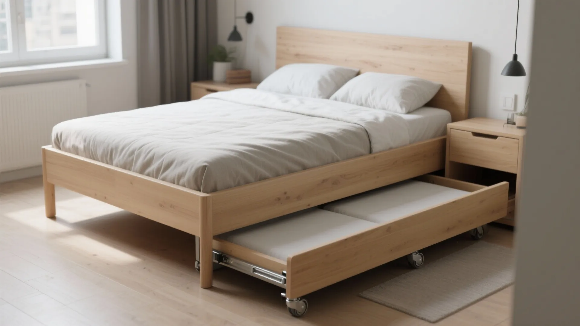 Wooden bed frame with a pull out extra bed on wheels and light colored bedding