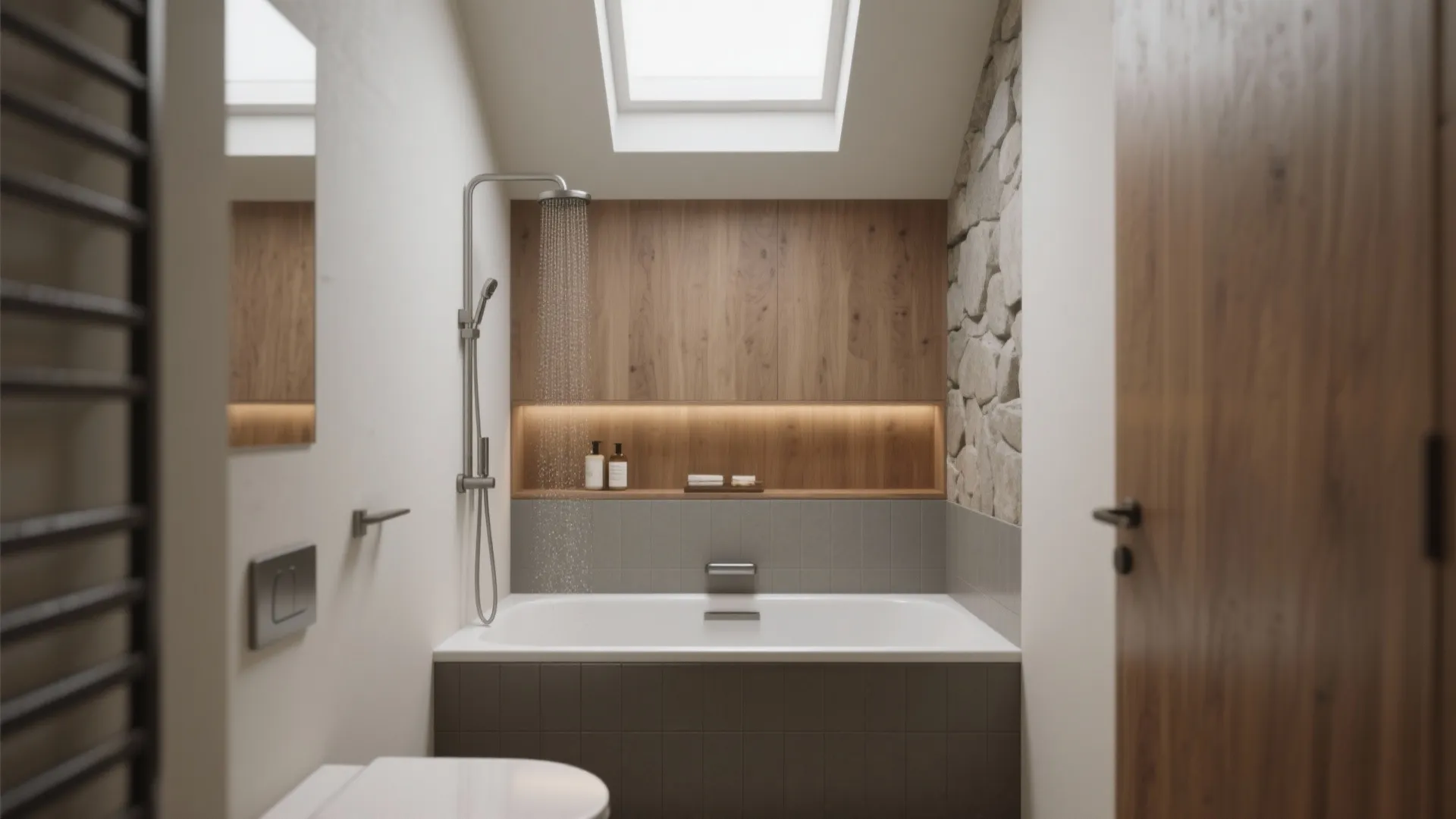 Modern bathroom with white bathtub stone wall wooden paneling roof window and black metal wall heater
