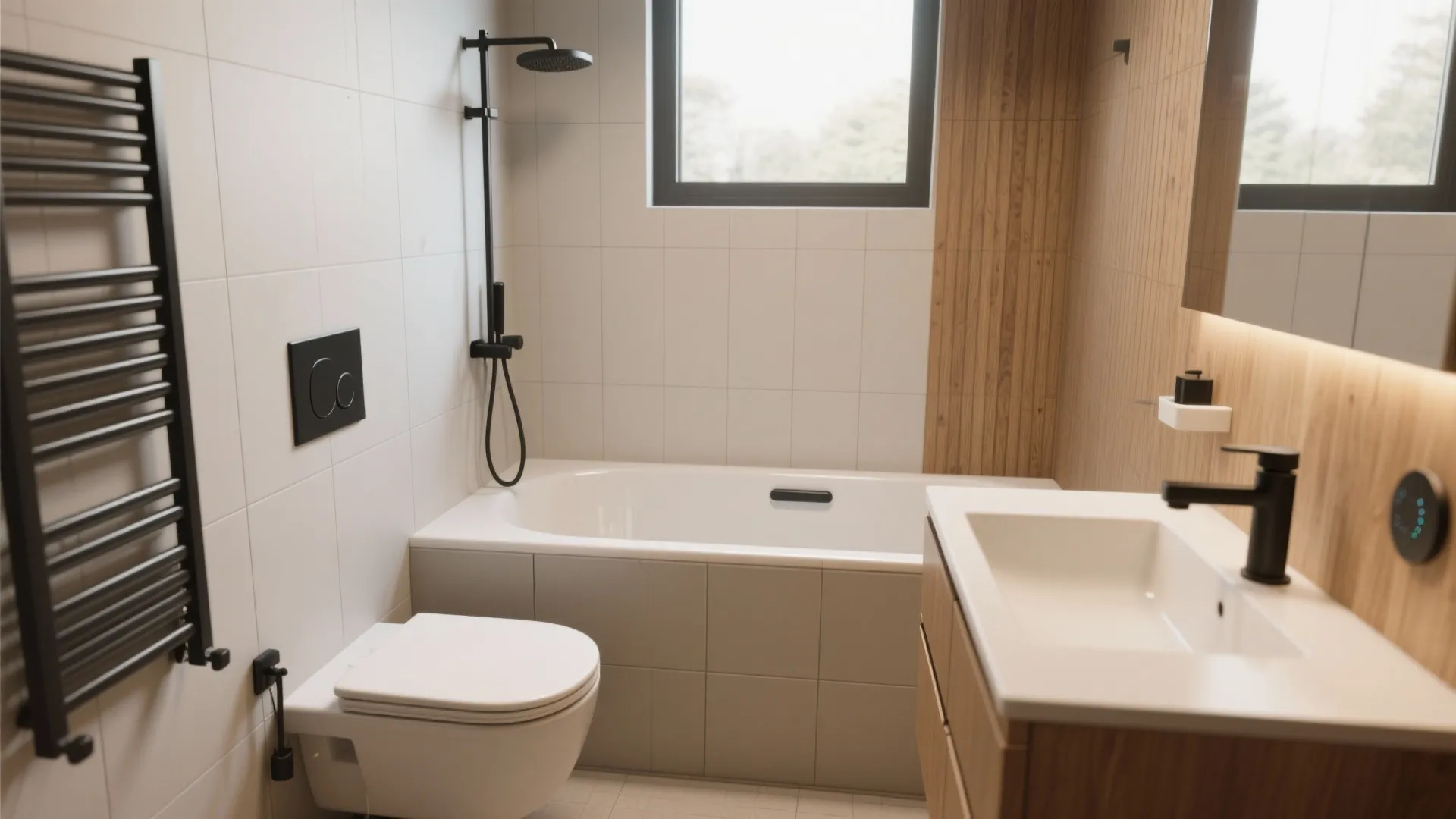 Small modern bathroom featuring white bathtub, black shower head, toilet, sink, and wooden wall panel