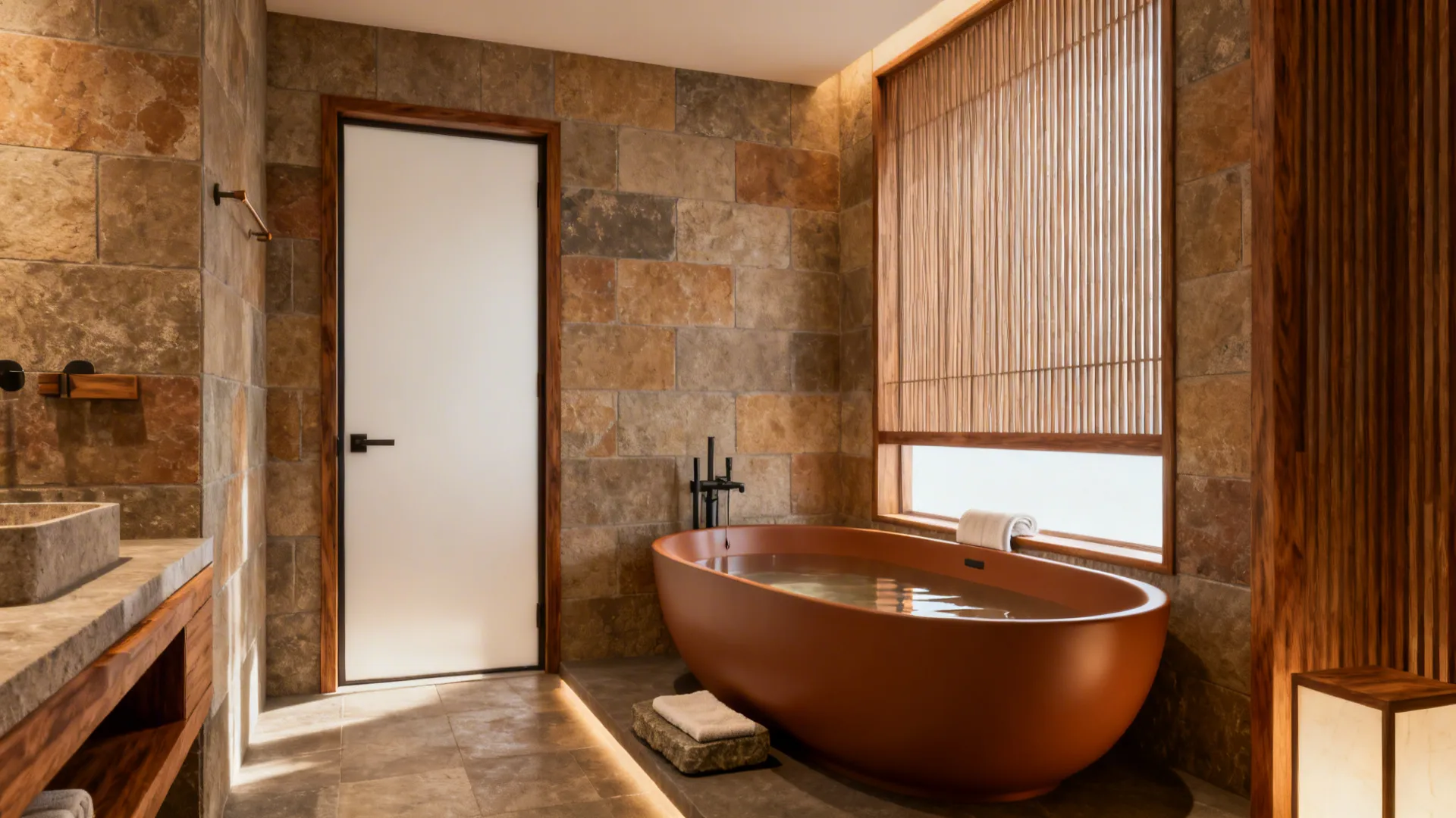 Compact freestanding and soaking tub alternatives in a small spa bathroom