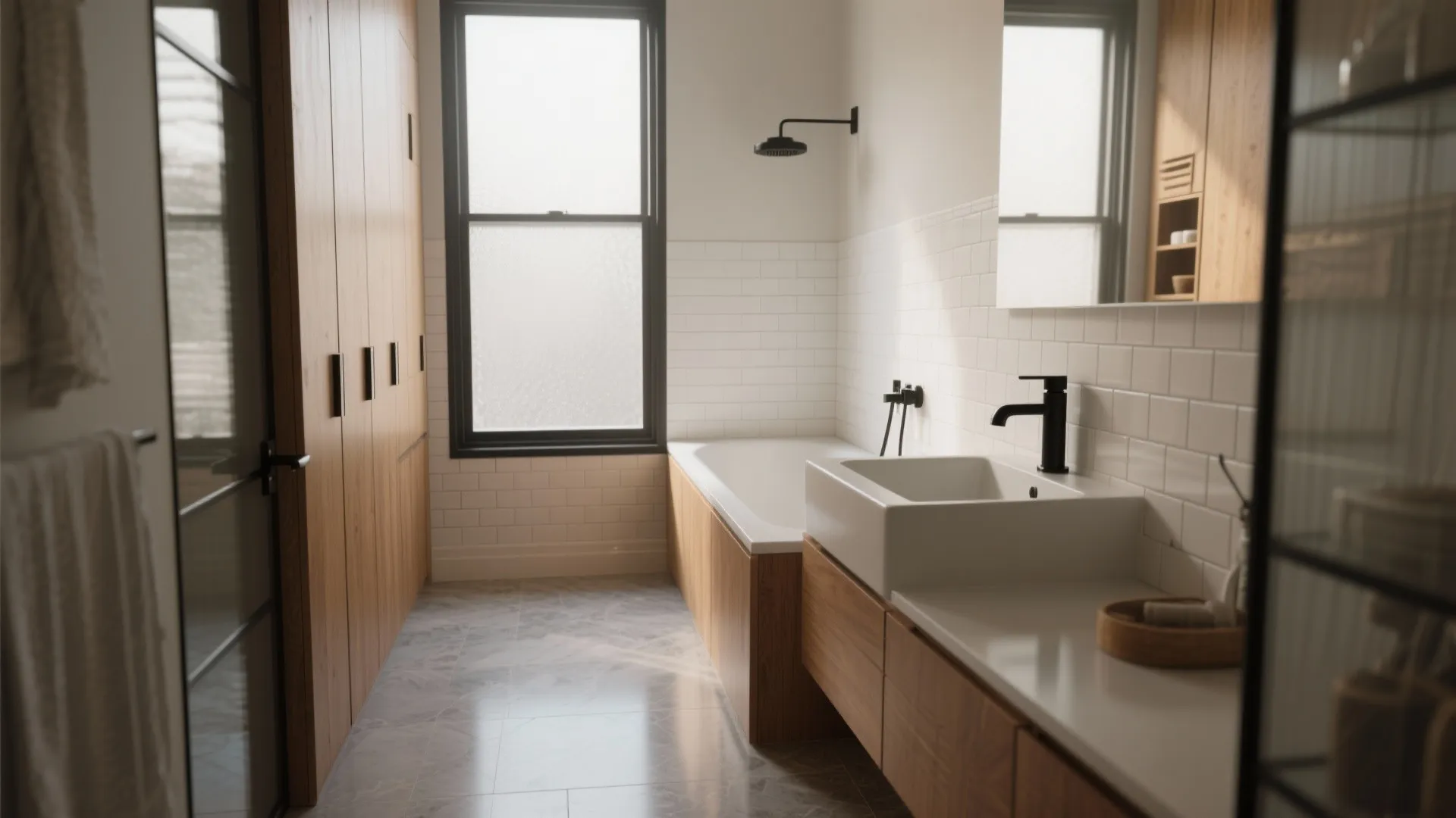 Modern bathroom with wood cabinets white tiles white bathtub black light fixture and grey marble floor