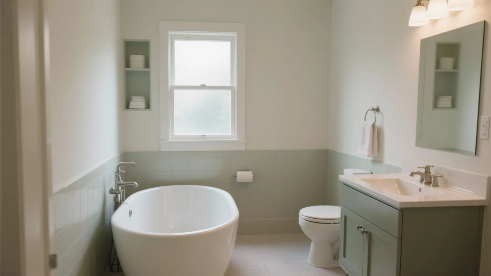Small bathroom featuring white bathtub light green wall tiles vanity sink toilet mirror and window