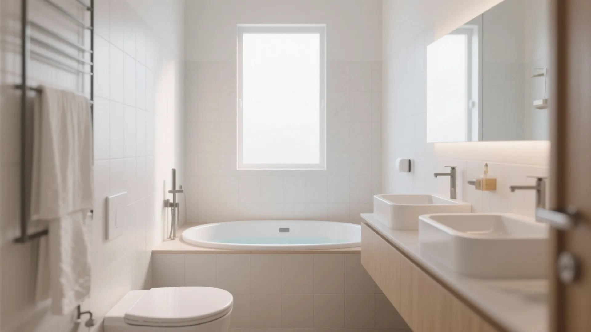Modern white bathroom featuring oval bathtub double sinks toilet and a large bright central window