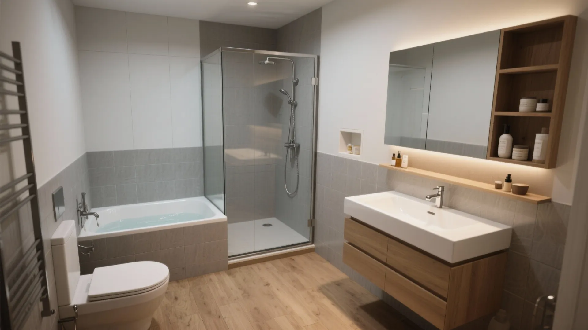 Modern bathroom with glass shower cabin white bathtub wooden vanity unit grey wall tiles wood floor