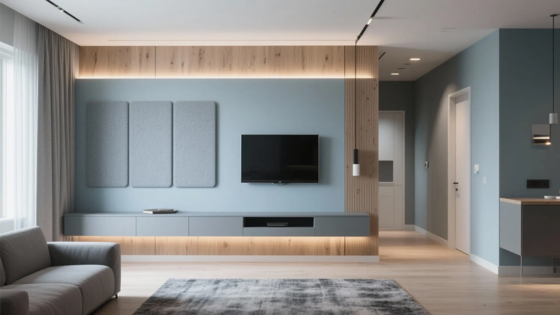 Modern living room with blue wall wood panels grey cabinet wall television and soft rug
