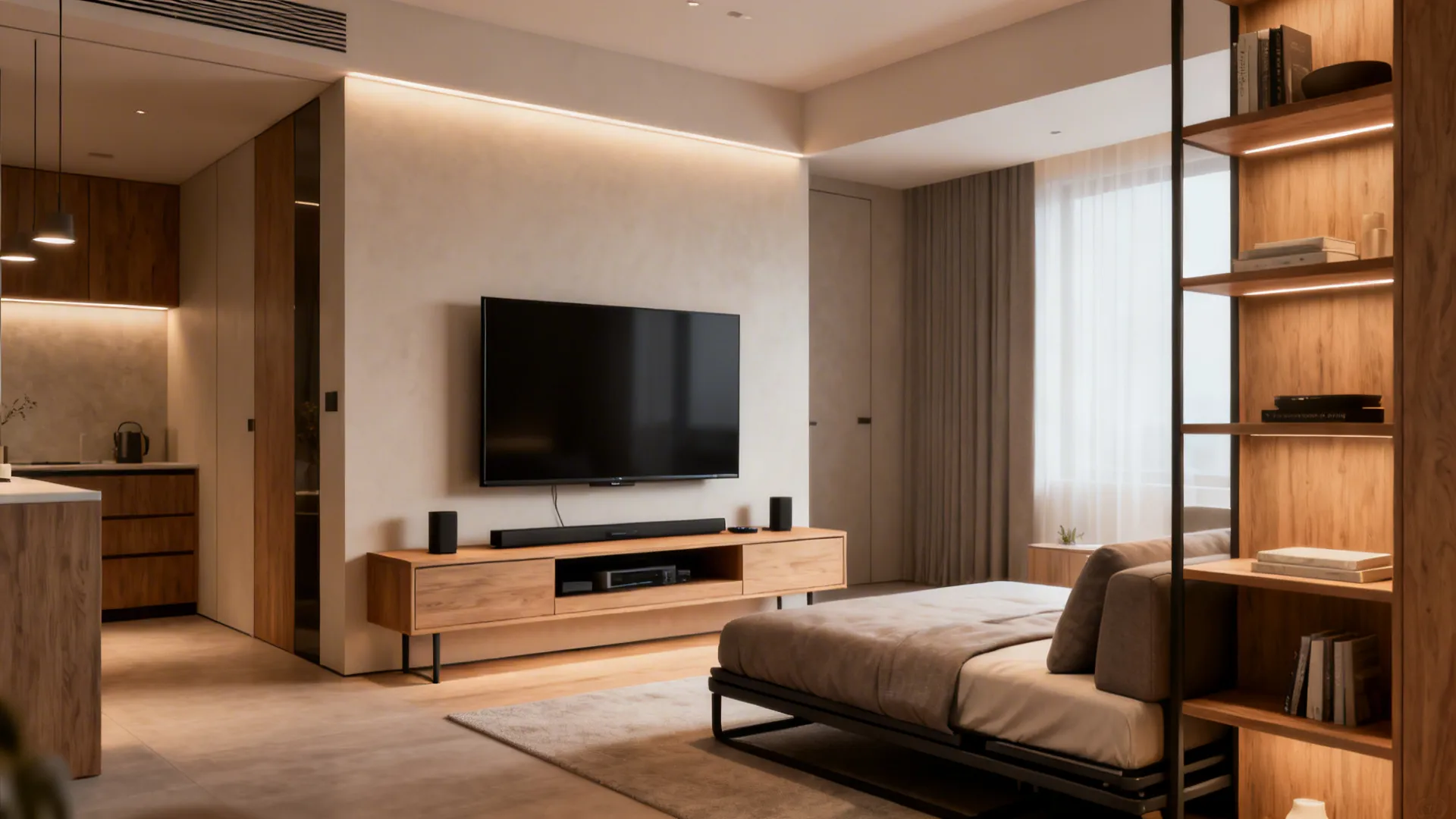 Compact studio with a 43–50 inch TV above a slim media cabinet and a sofa-bed, showing proper scale.