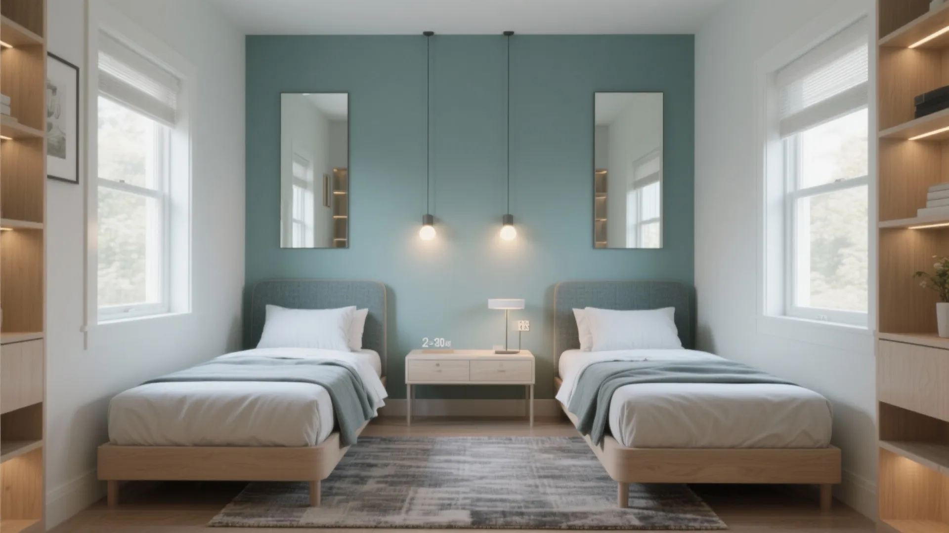 Modern twin bedroom with blue wall two single beds bedside table ceiling light and natural light