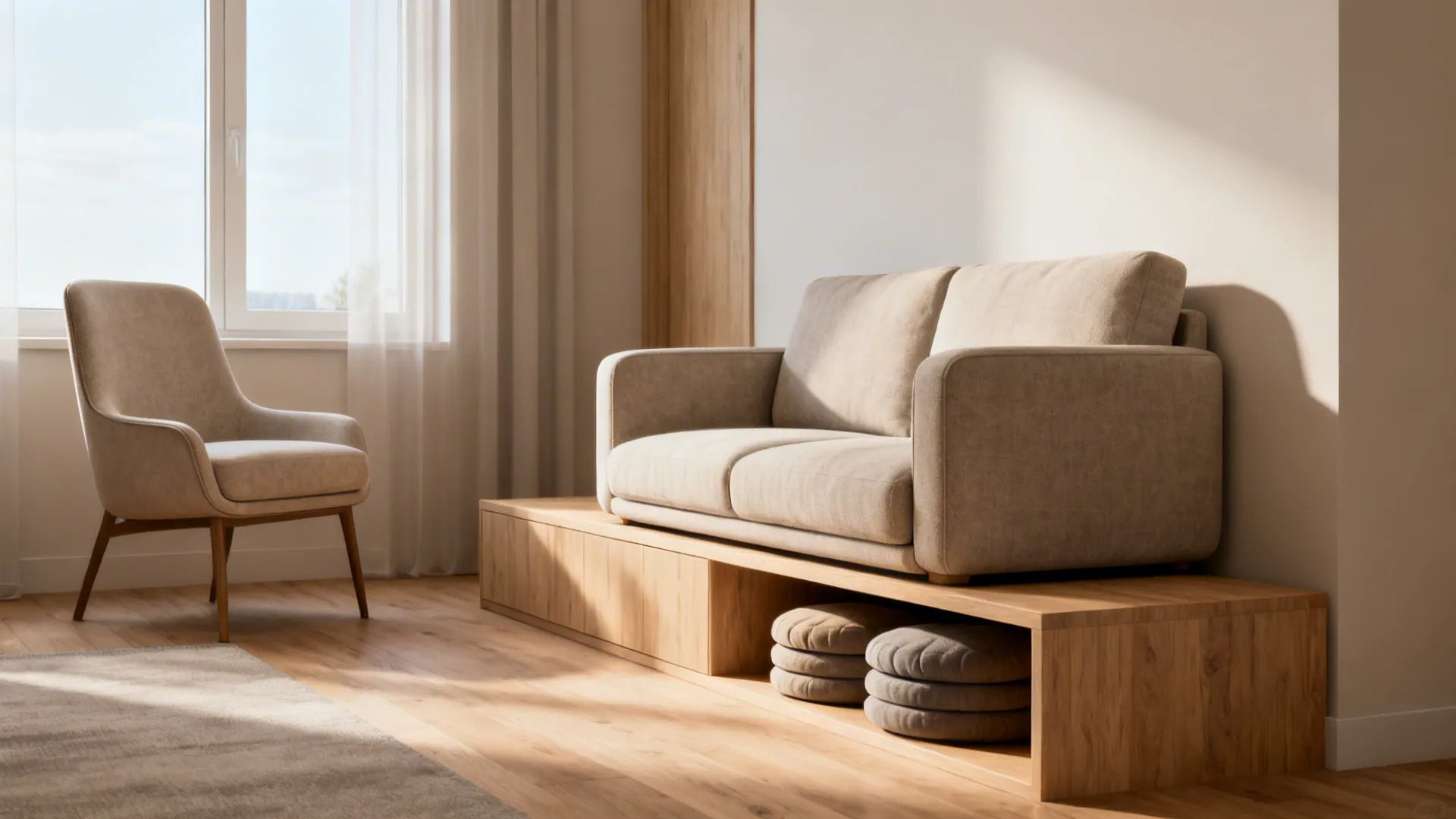 Compact two-seater sofa with a slim armless accent chair and poufs tucked under a console.