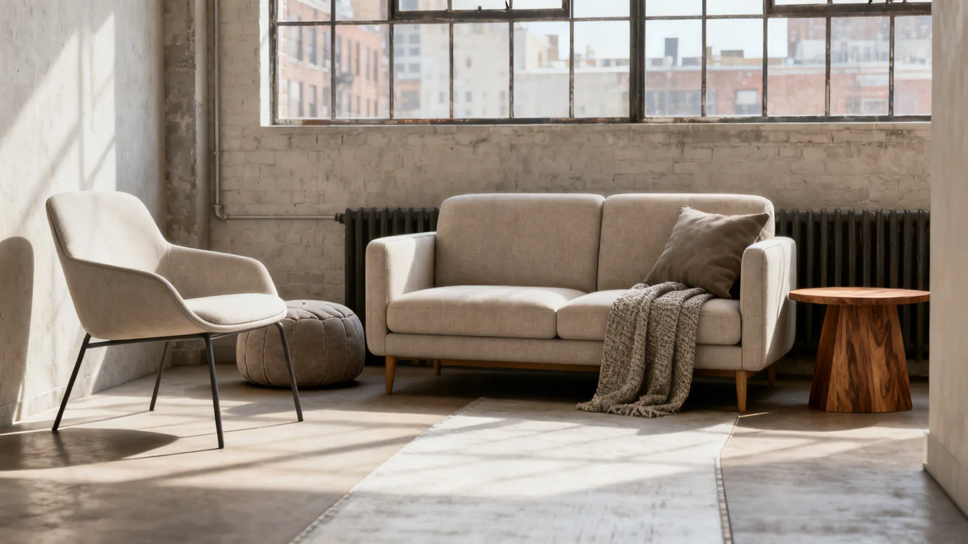 Small living space with a slim two-seater sofa and a lightweight accent chair keeping pathways clear.