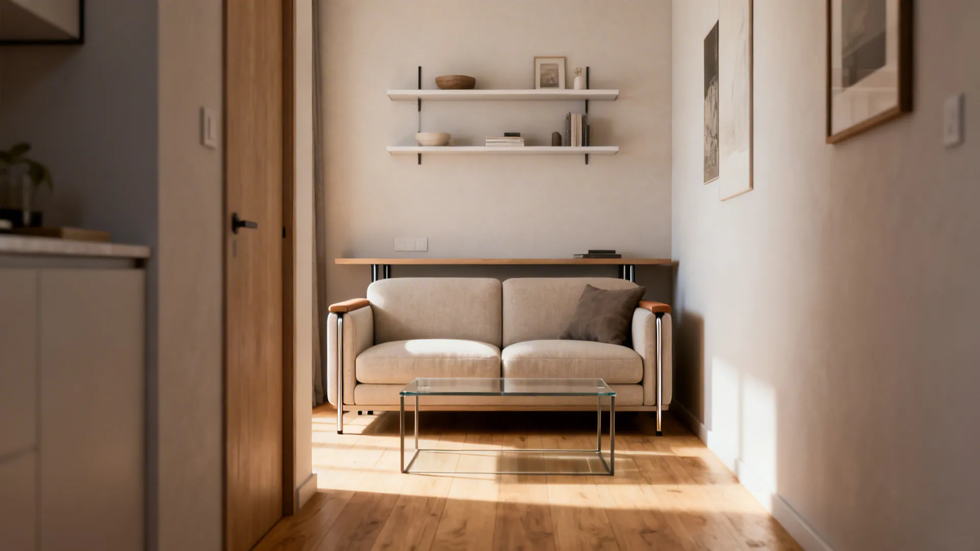Narrow living room with a compact two-seater sofa, slim arms, and clear walking path.