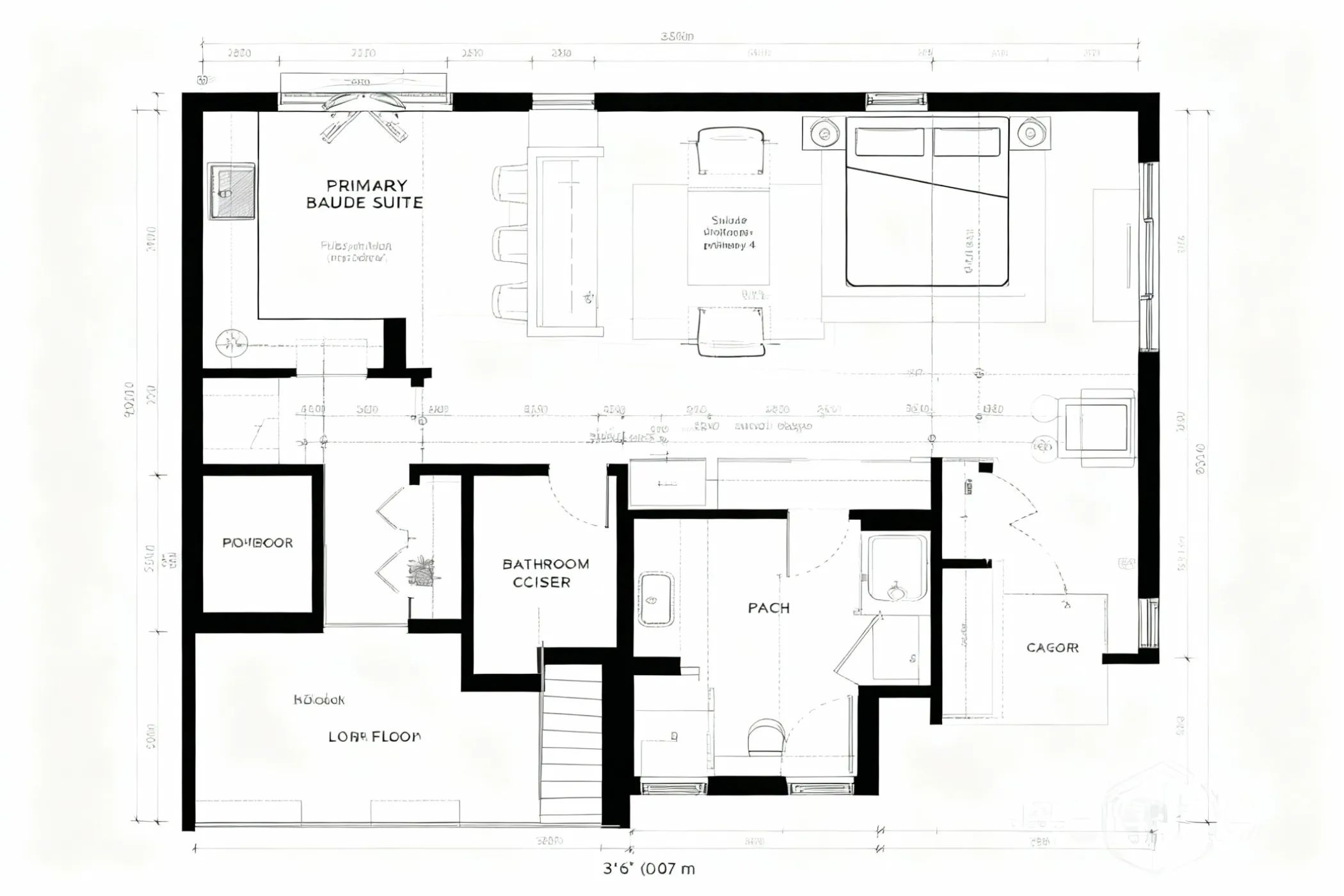 Interior design drawing showing a floor plan layout with bedroom bathroom kitchen and labeled room areas