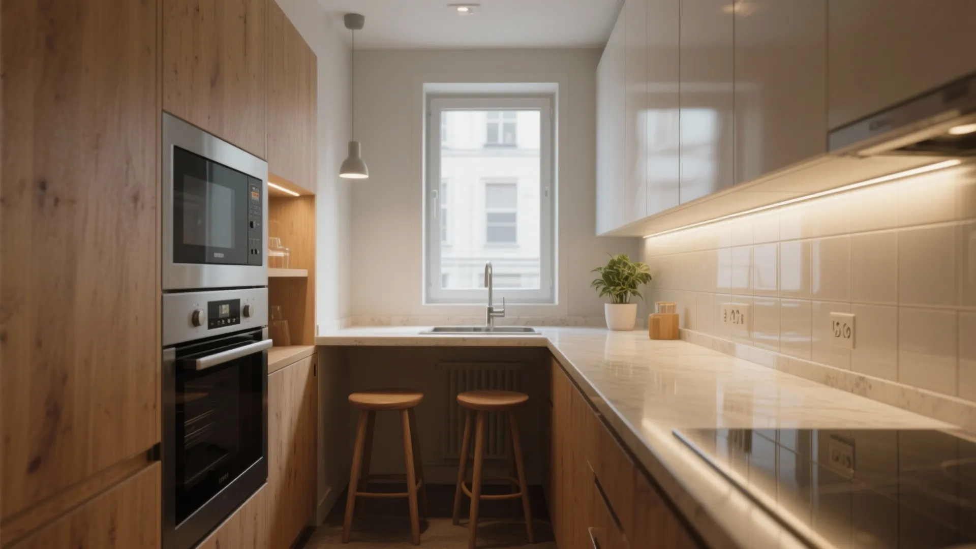 Small kitchen with wooden cabinets white upper storage marble countertop window and two wooden stools