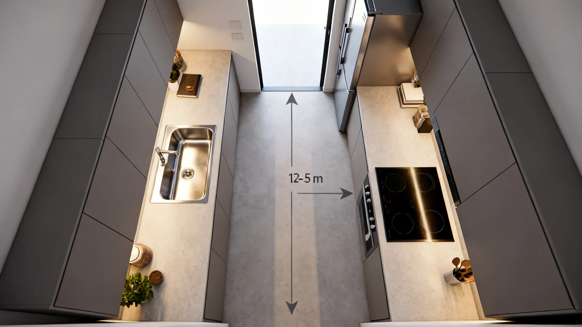 Top-down view of a compact U-shaped kitchen showing sink, hob, and fridge triangle.