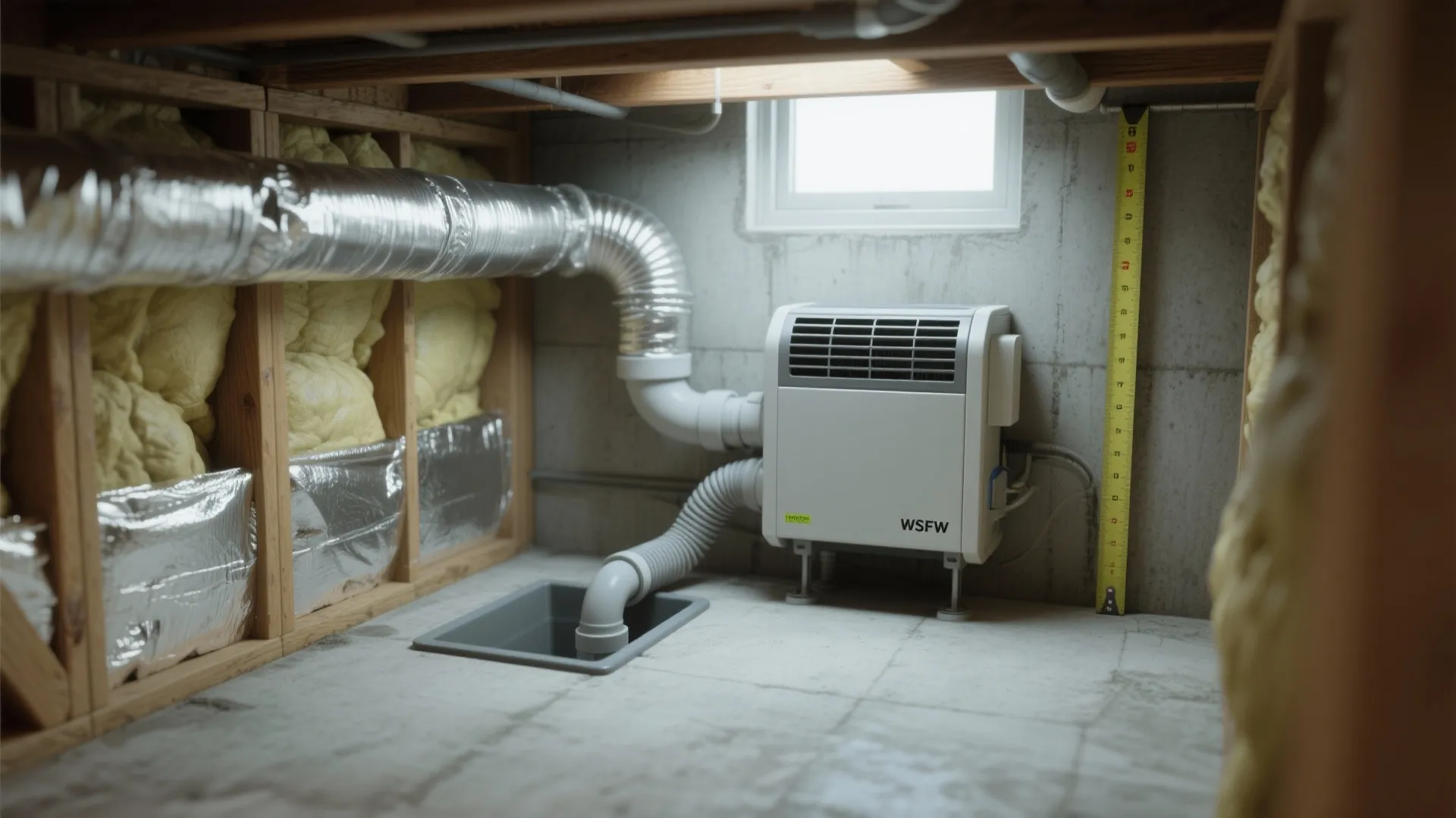 Compact refrigerant dehumidifier installed in a crawl space with gravity drain and insulation visible.