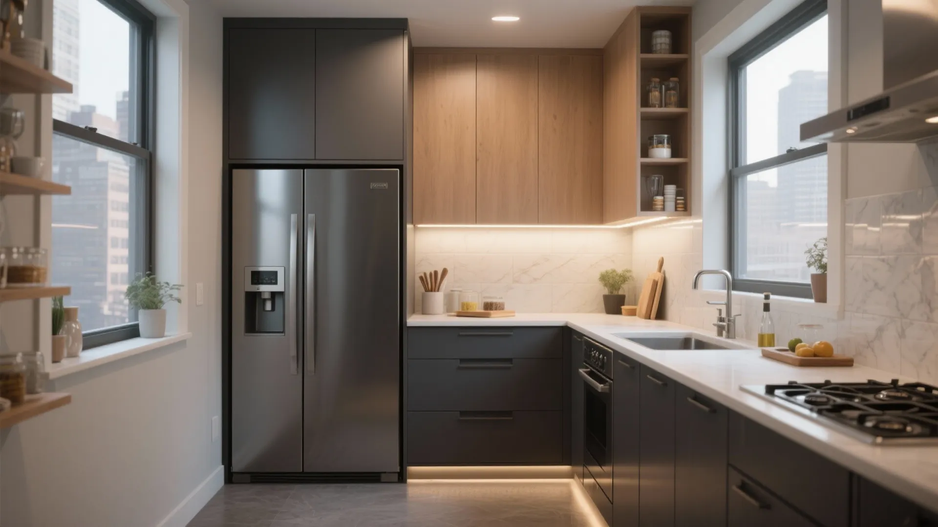 Modern kitchen with black cabinets and wood upper units featuring a large stainless steel refrigerator