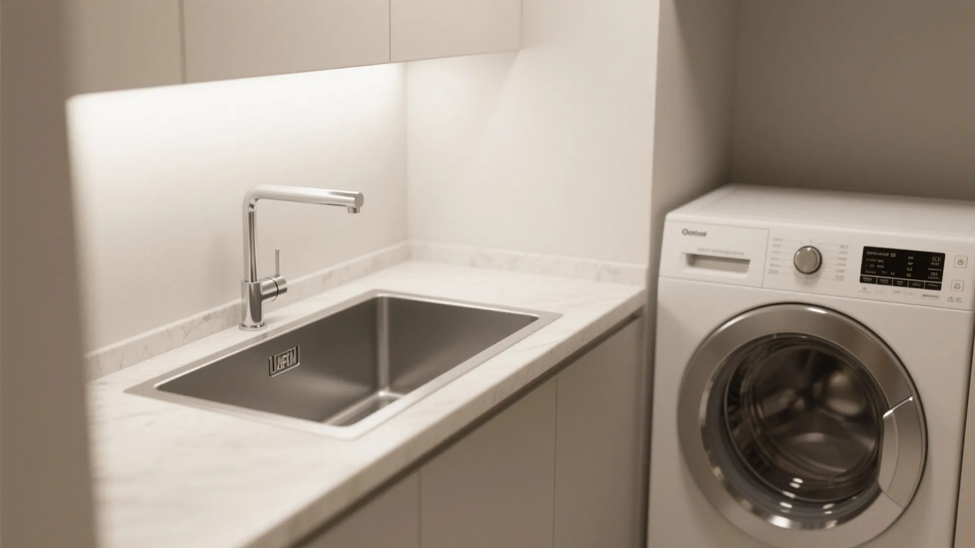 Small laundry nook with a compact utility sink and wall-mounted faucet next to washer