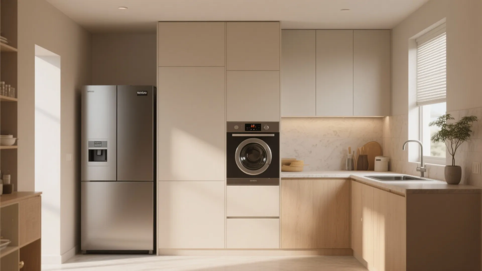 Tall cabinet hiding laundry in kitchen extension