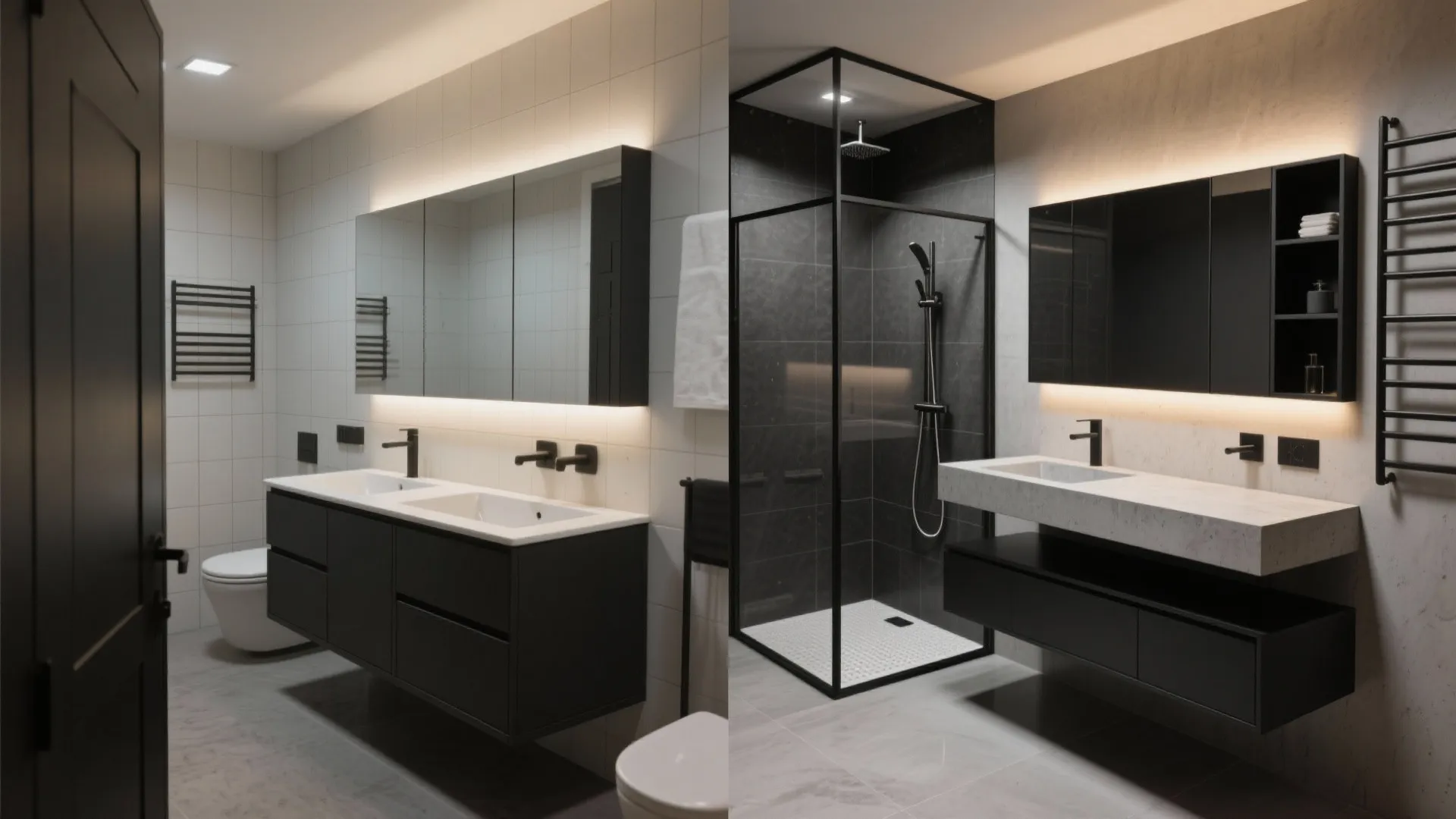 Modern bathroom comparison showing double sink cabinet versus single sink cabinet with black shower stall