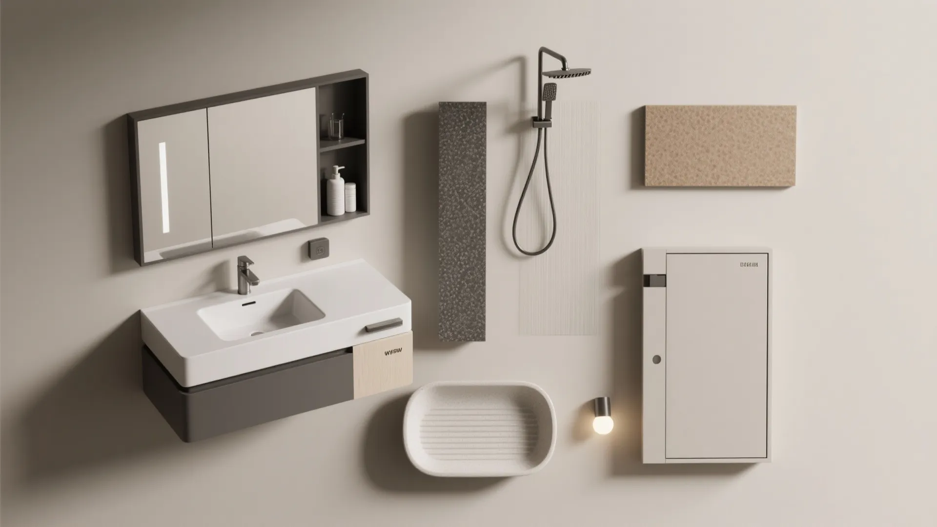 Flatlay of compact vanities, fold-down sink, and lightweight materials for trailer bathrooms.