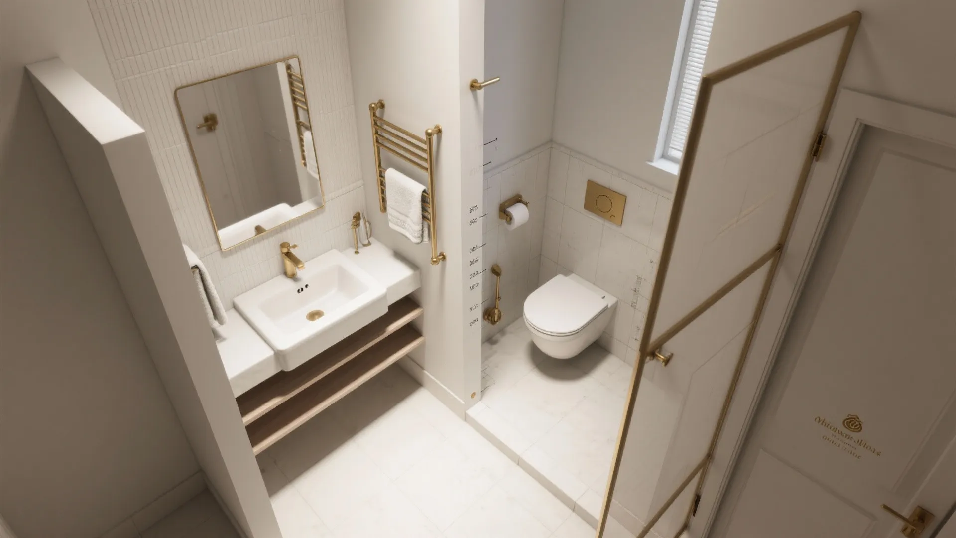 Modern small bathroom design with white sink gold fixtures towel rack and wall mounted toilet