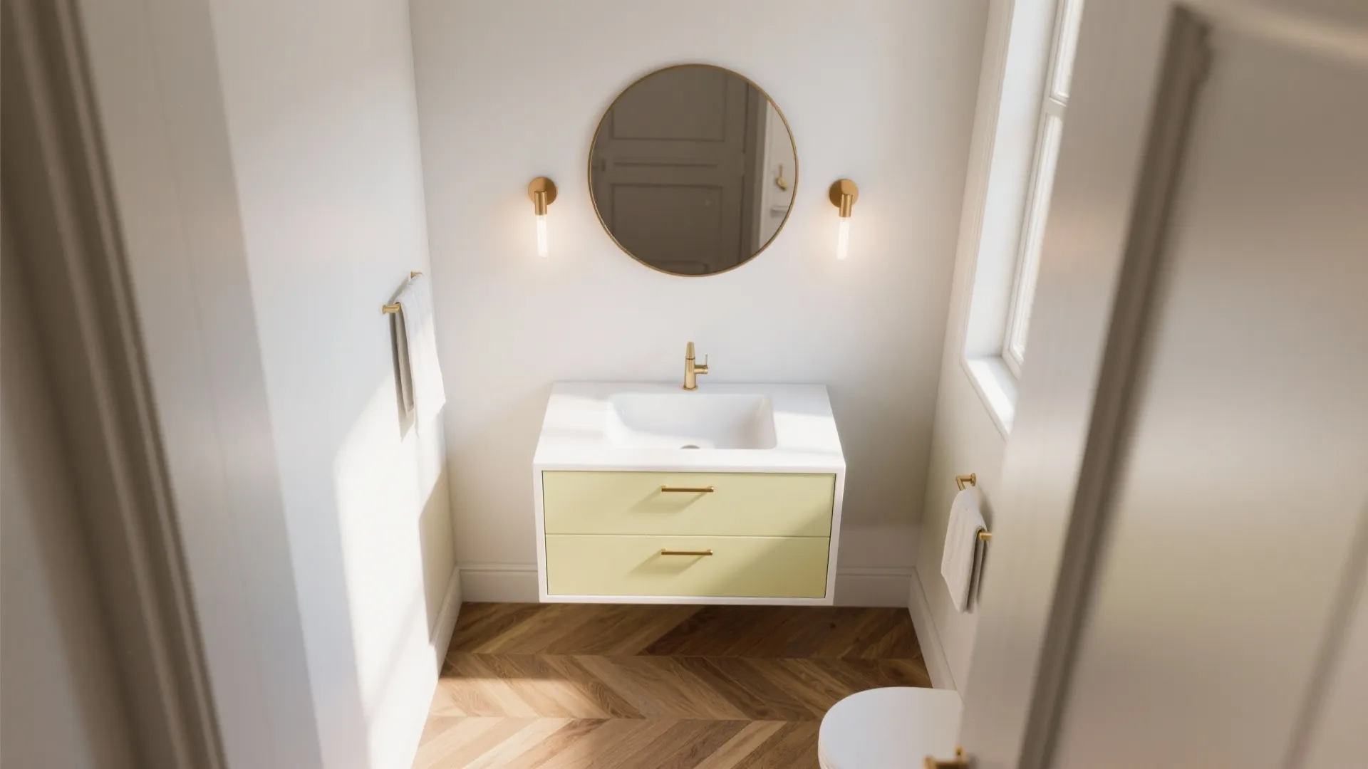 Modern bathroom with yellow wall cabinet white sink round gold mirror wall lights herringbone floor