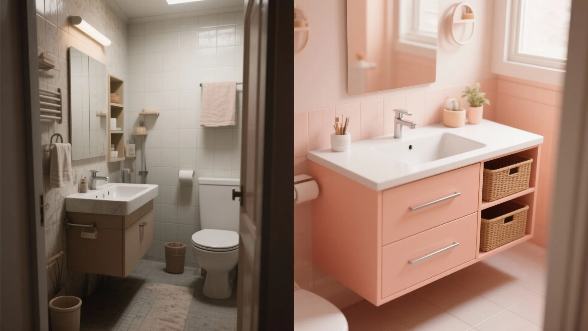 4. Compact Vanity with Peach Undertones and Storage Smarts