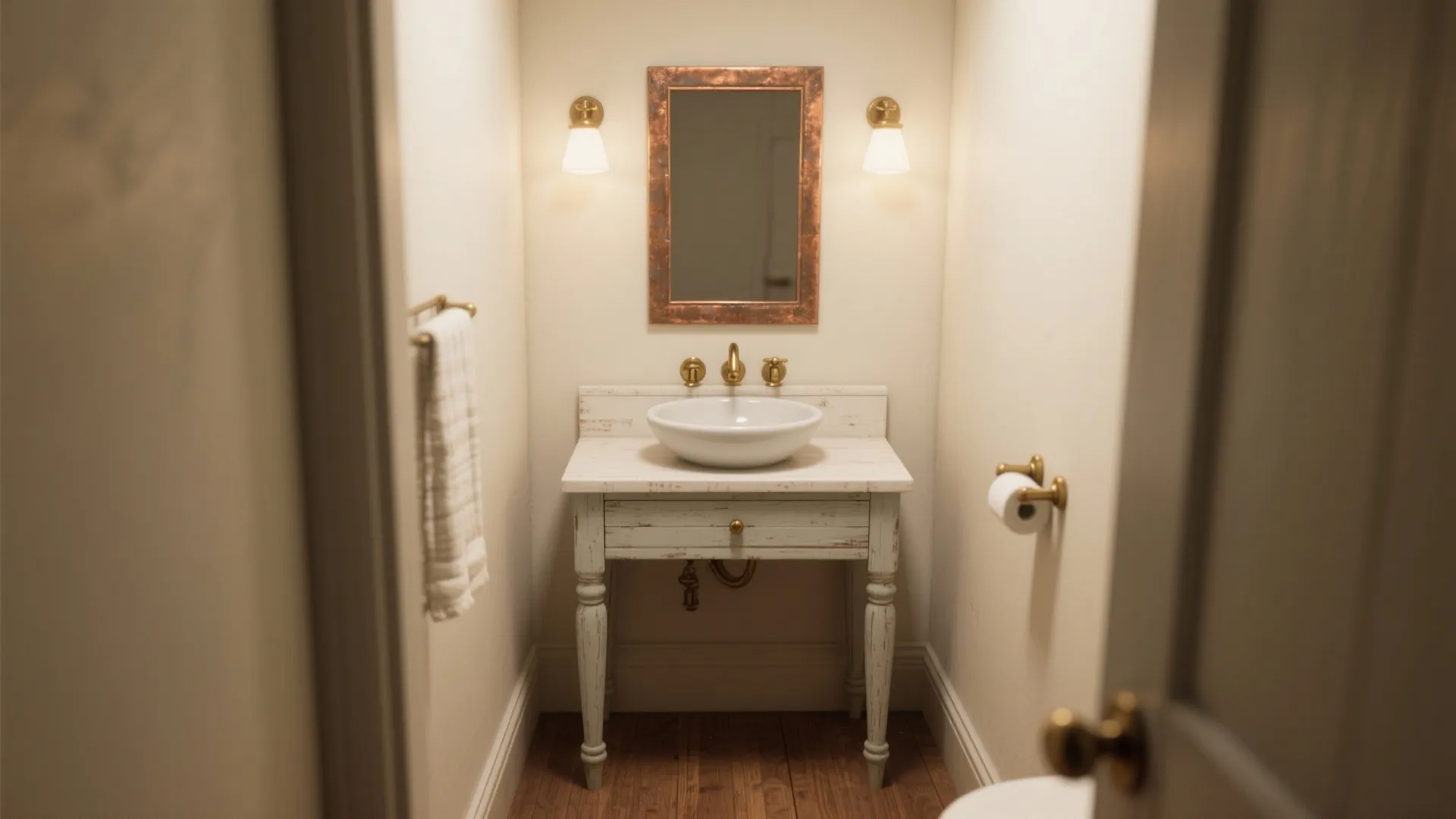 Small bathroom vanity with white bowl sink gold water tap mirror and two wall lights