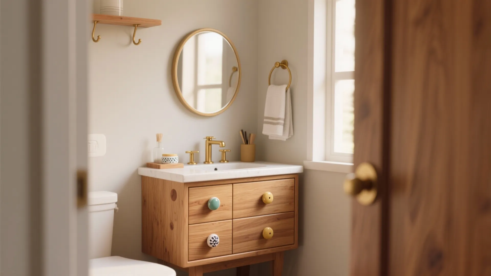 Small wooden bathroom cabinet with colorful knobs round mirror gold towel ring and white toilet