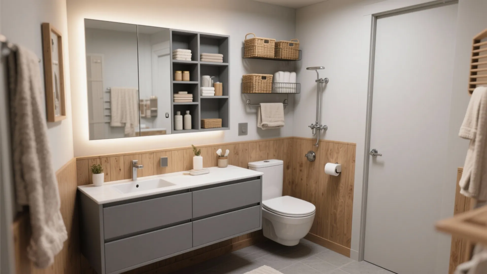 Modern bathroom with grey cabinet white sink lighted mirror wall panel and hanging storage wicker baskets