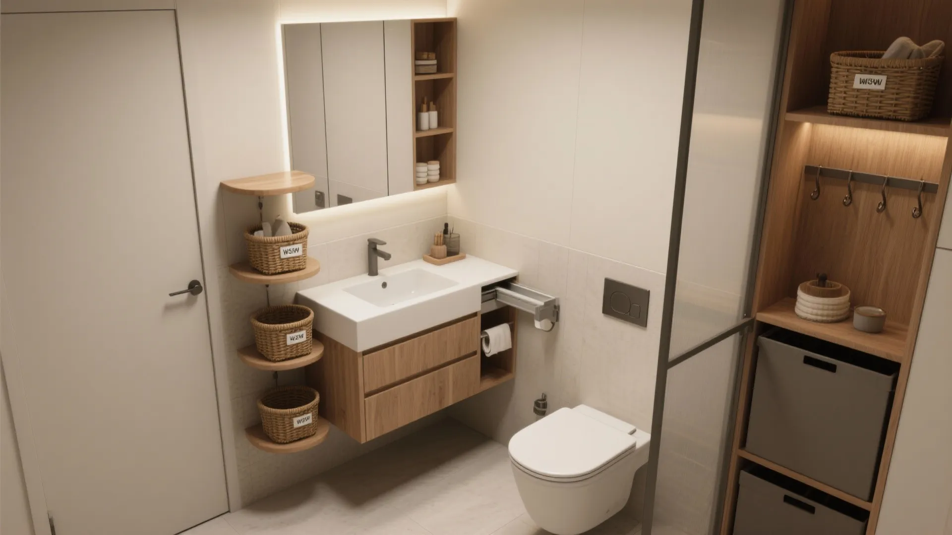 Small modern bathroom with wooden sink cabinet lighted mirror white toilet and woven storage baskets