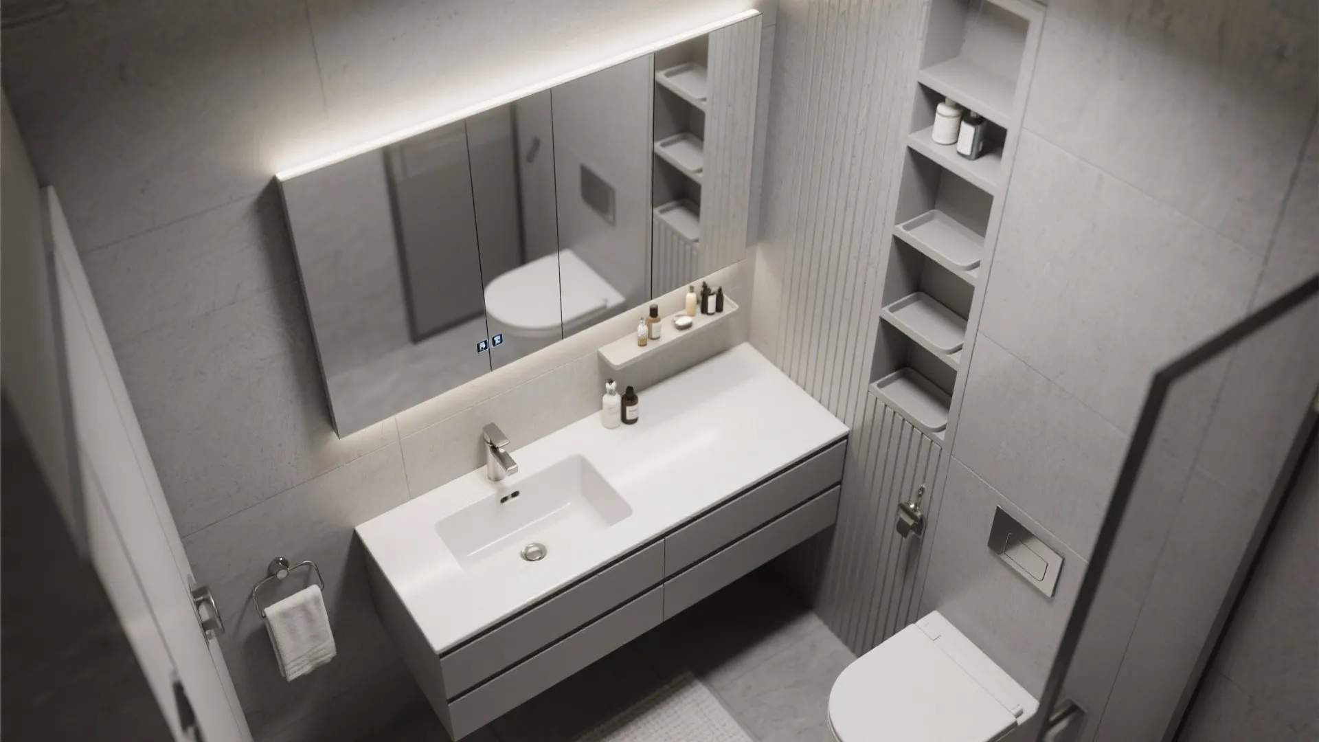 Top view of a grey bathroom featuring white sink large mirror wall shelves and toilet