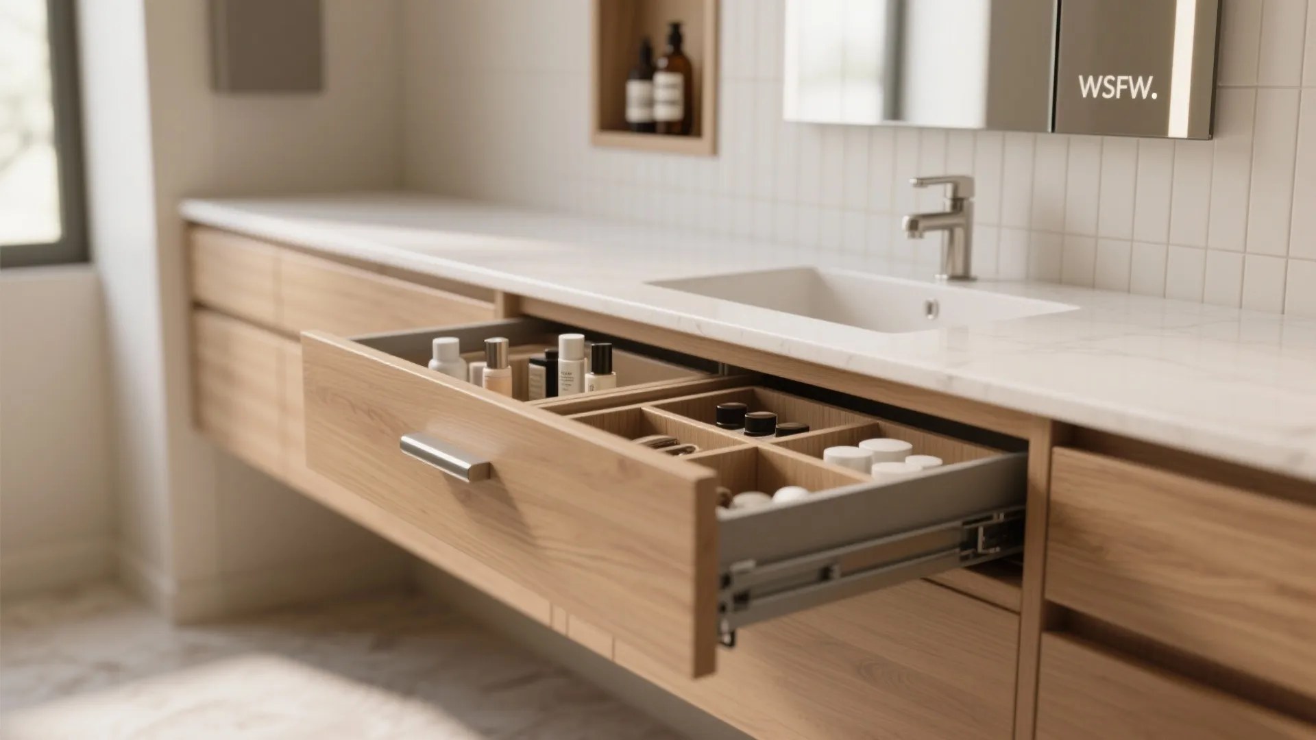 Wooden bathroom cabinet with an open drawer showing organized storage for small bottles and containers