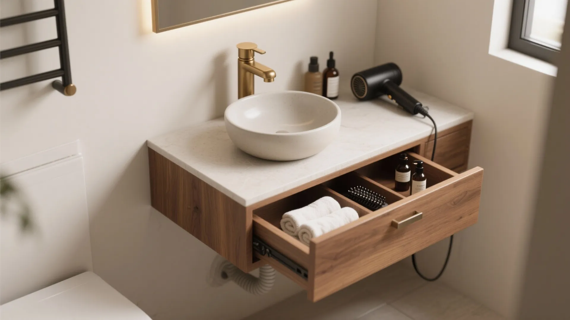 Compact basin over a deep warm-wood drawer with organized storage in a small bathroom.