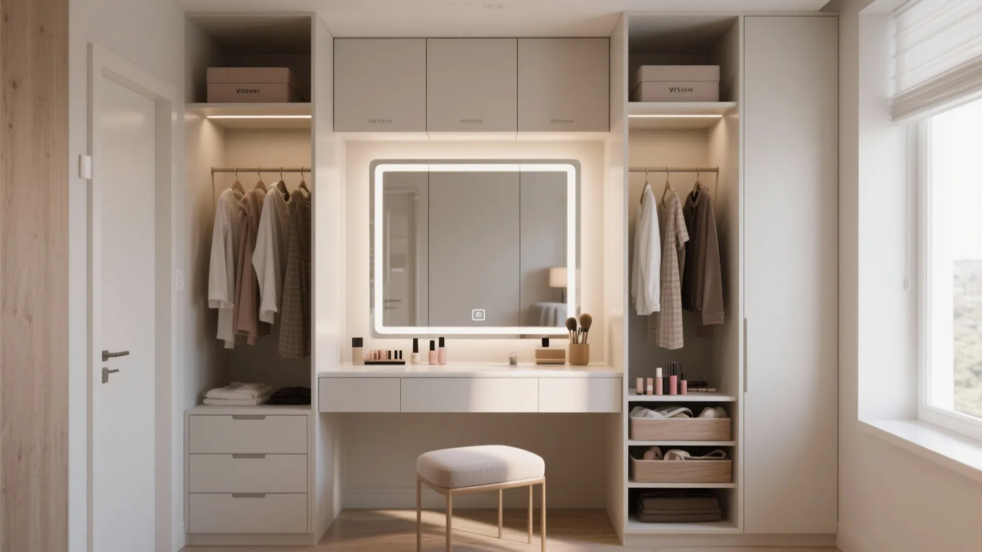 Minimalist white dressing table with lighted mirror small chair cabinet clothes and natural window light