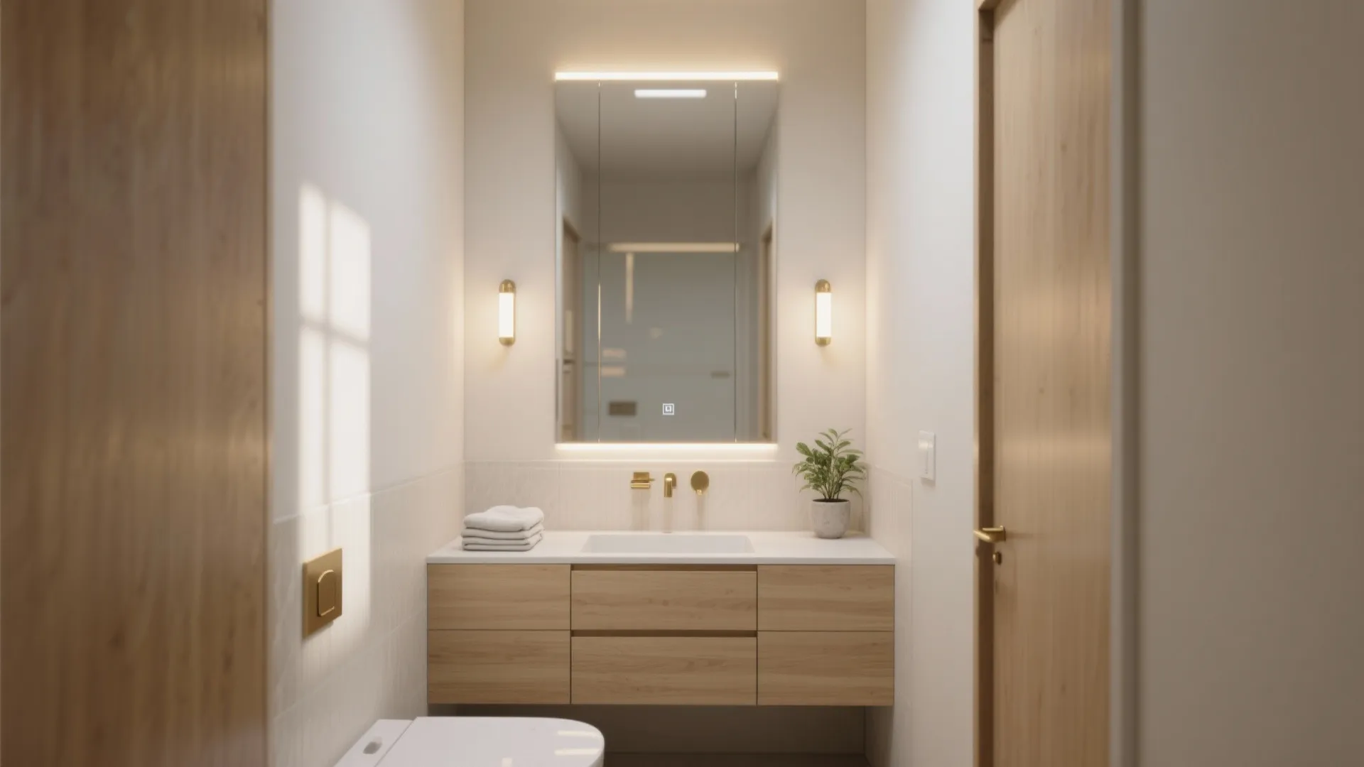 Modern bathroom with wooden cabinet white sink illuminated mirror two wall lights and small plant