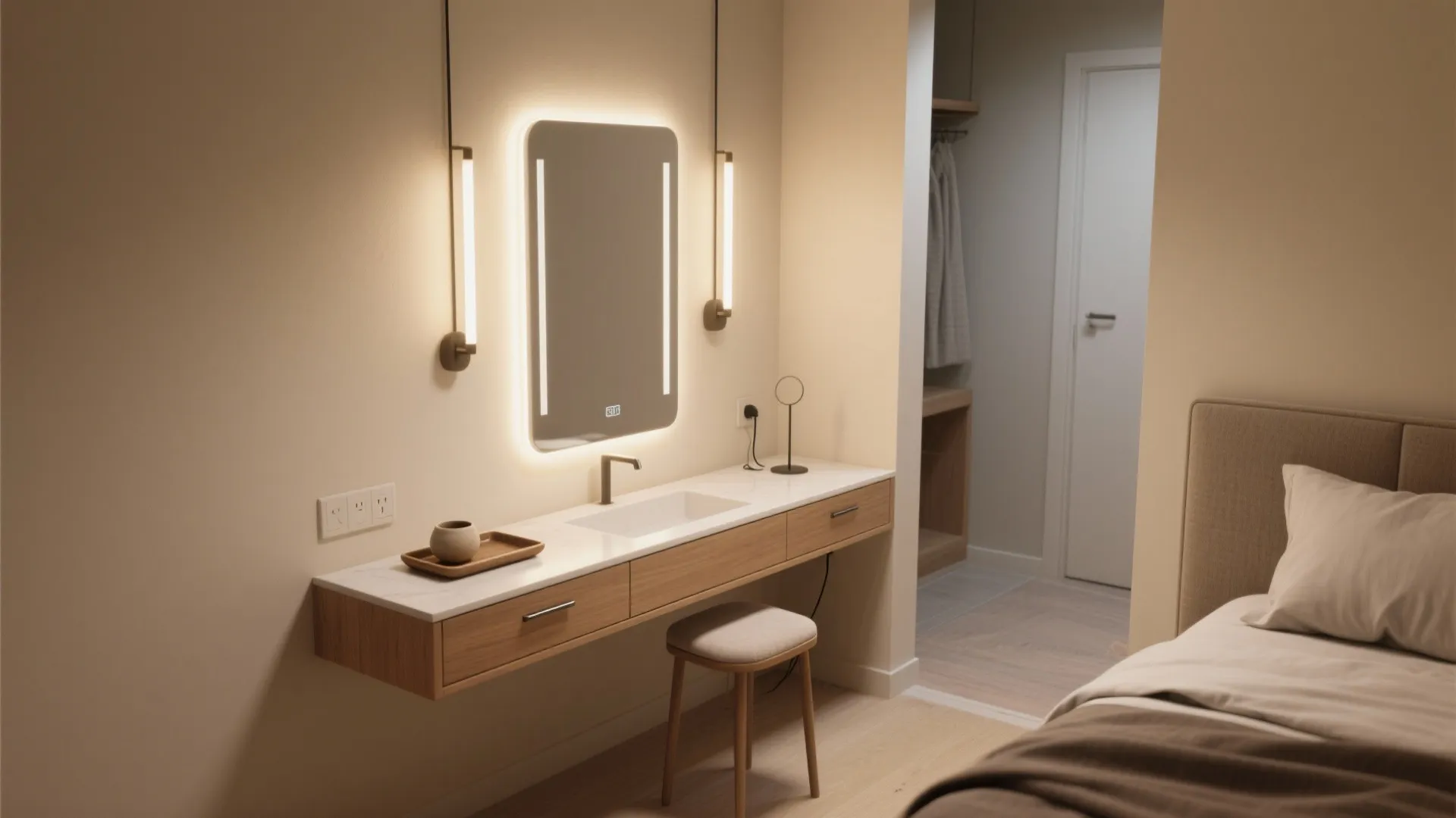 Modern bathroom vanity with lighted mirror wooden cabinet small stool and warm wall light fixtures