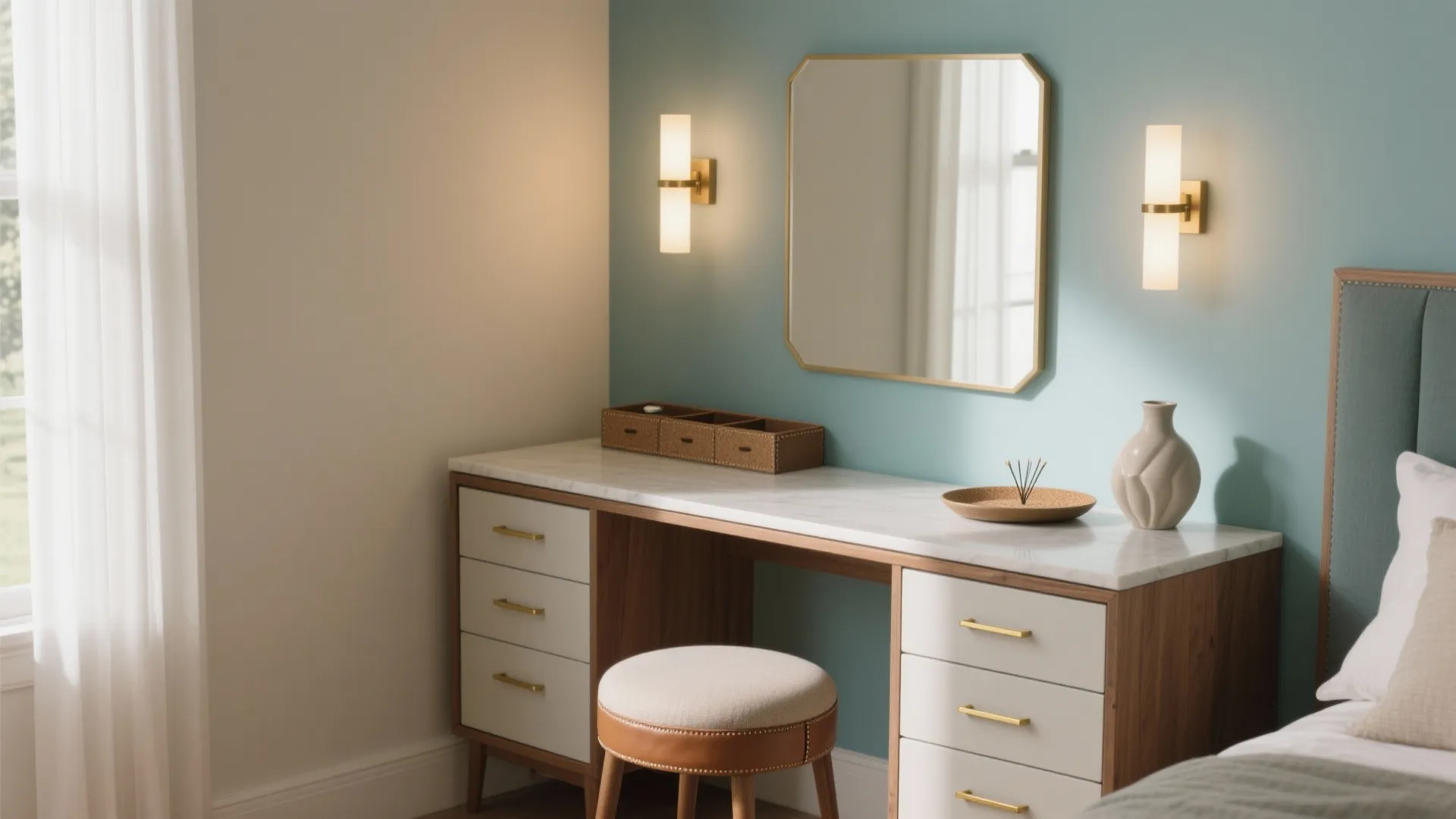 Modern makeup table with marble top, square mirror, two wall lights, and small round stool