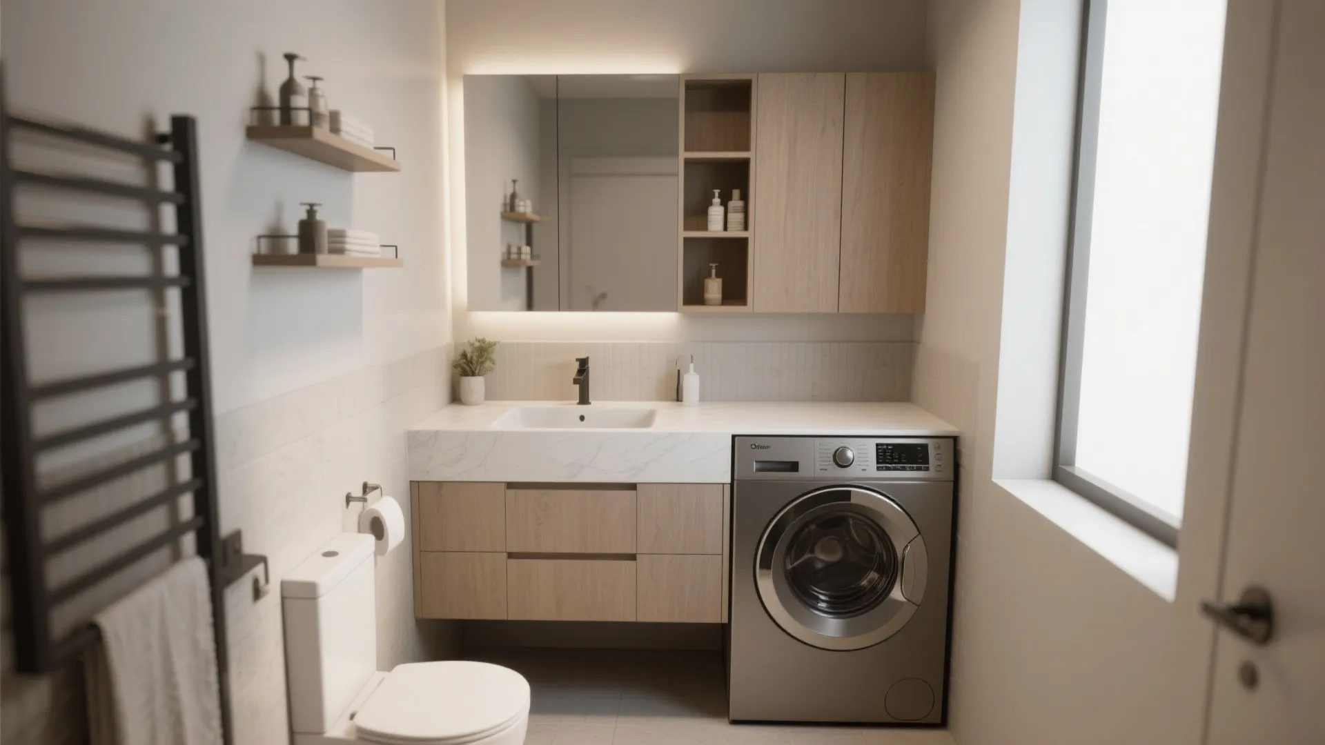 Compact bathroom vanity concealing laundry machine