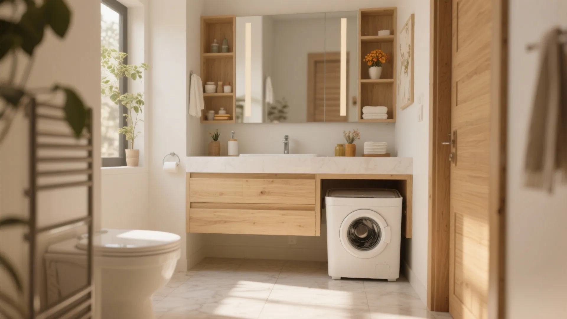 Compact Vanity with Hidden Laundry Bin