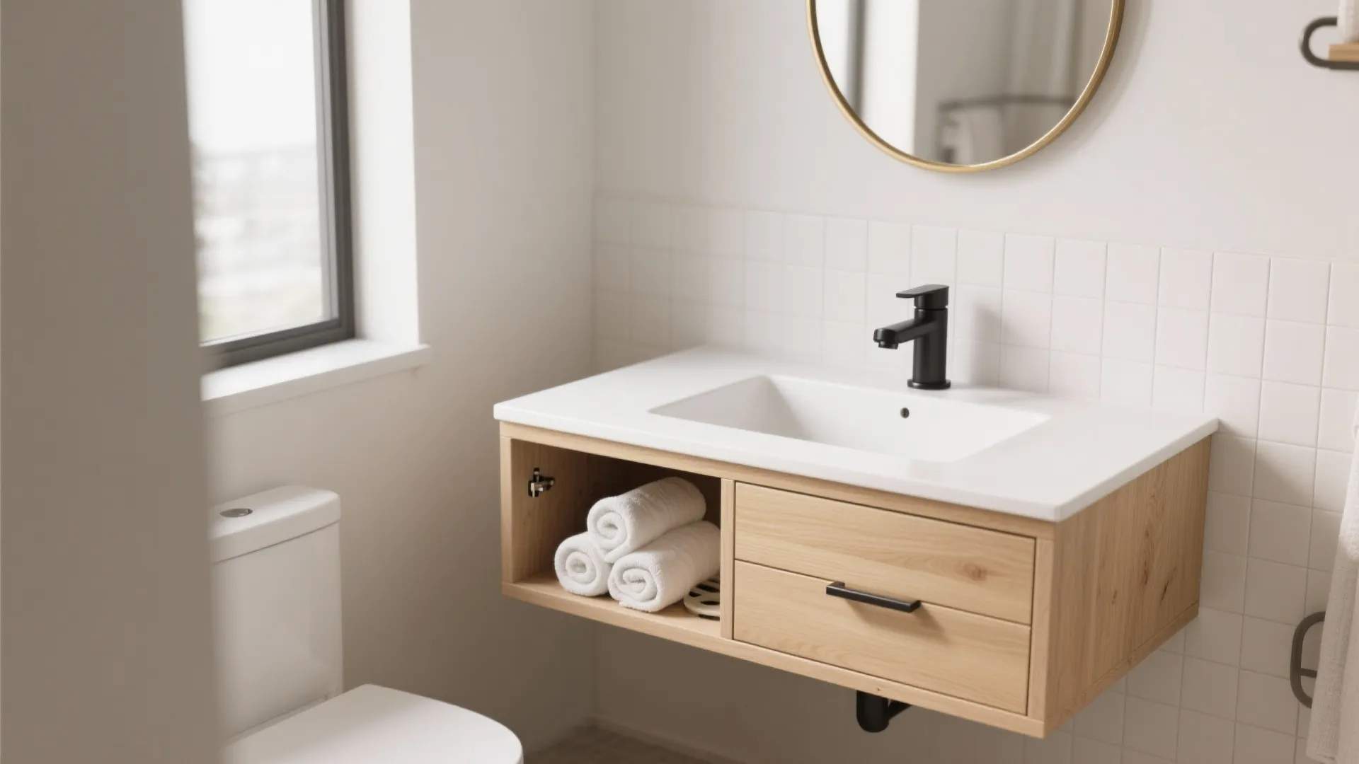 Compact Vanities with Open Shelves and Hidden Drawers