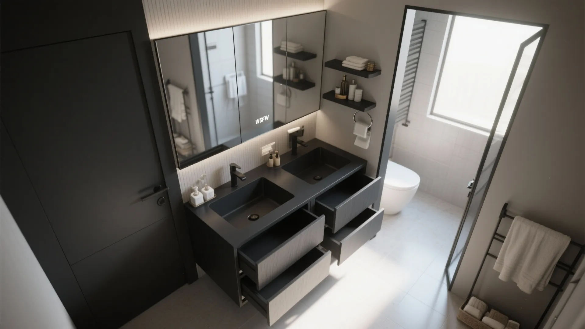 Interior design drawing of a modern bathroom featuring double black sinks, large mirror, and toilet