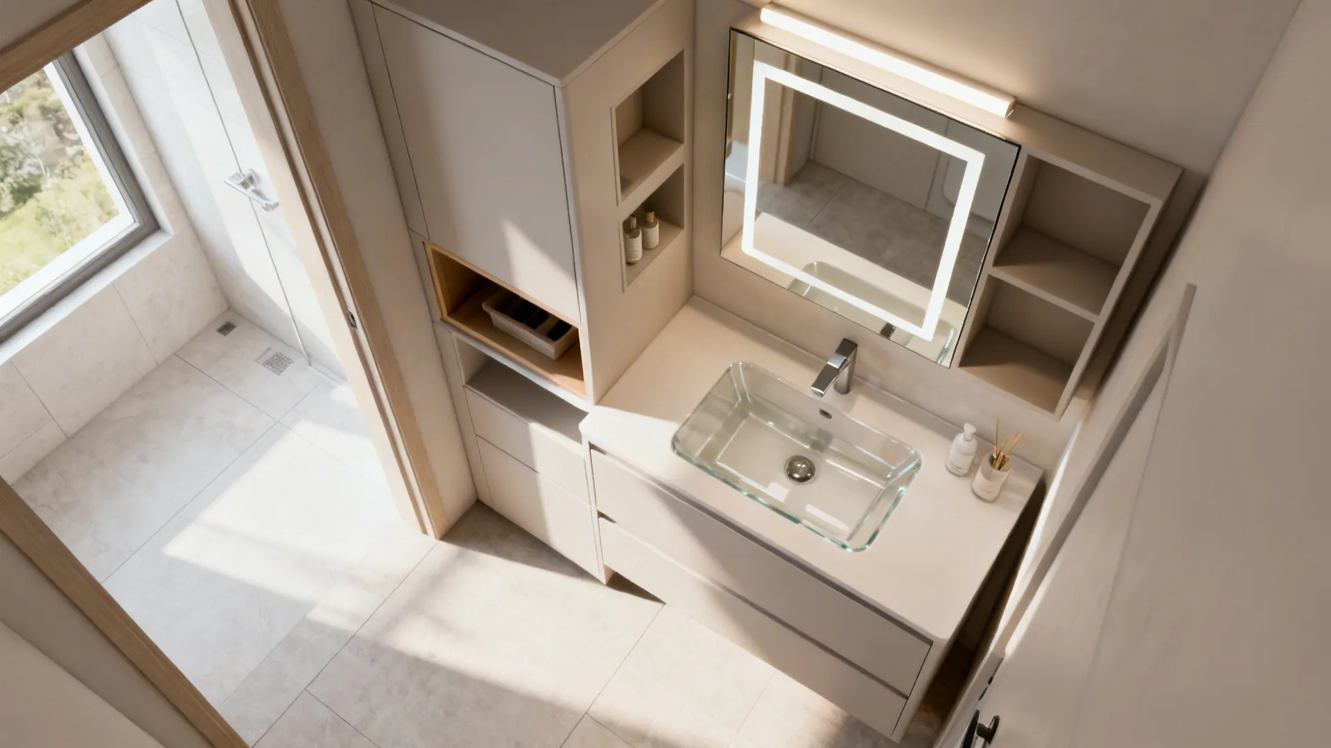 Top-down layout view of a compact vanity with integrated mirror and recessed storage